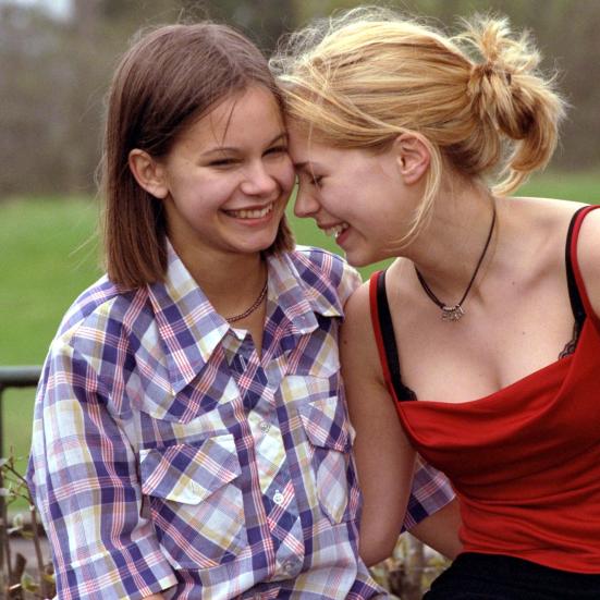 Billede af to piger der sidder tæt op af hinanden og læner hovederne mod hinanden.