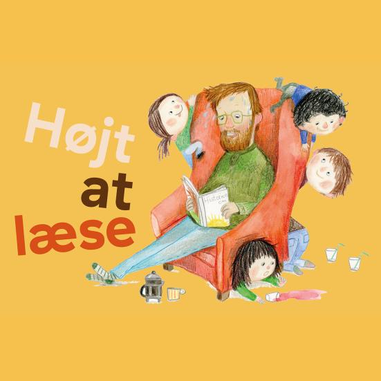 Artwork til Højt at læse med far der sidder i rød lænestol og læser højt for børn