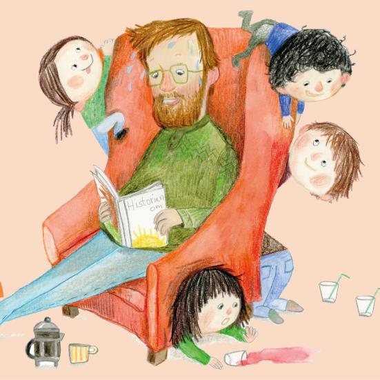 Grafik til podcasten Højt at læse med en voksen mand i en stol omgivet af lyttende børn.