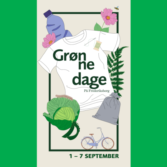 plakat med t-shirt, cykel, bregneblad og kålhoved