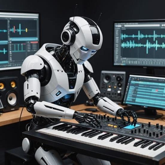 Hvid robot der spiller keyboard med skærme med musikprogrammer i baggrunden.