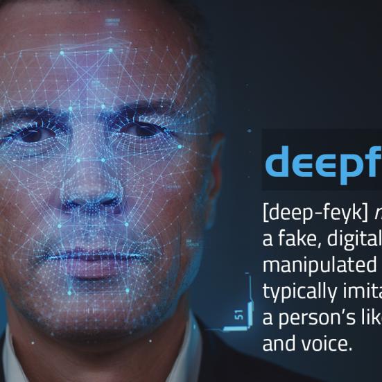 tekst på billede: deepfake, noun, a fake digitally manipulated video typically imitating a persons likeness and voice.