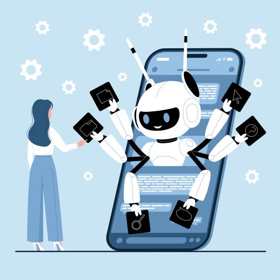 Grafik af person der taler med en robot i en smartphone