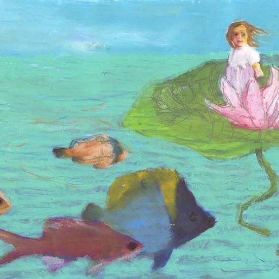 Maleri af Tommelise i åkanden.