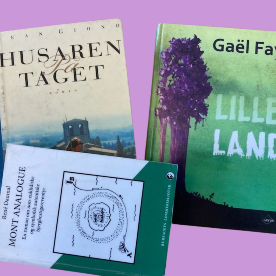 3 franske bøger på lyserød baggrund