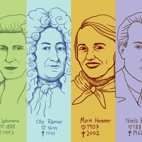 Tegning af videnskabsfolk Inge Lehmann, Ole Rømer, Marie Hammer, Niels Bohr.