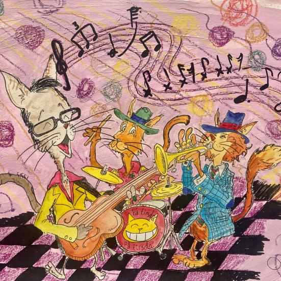 Tegning af et jazzband bestående af katte.