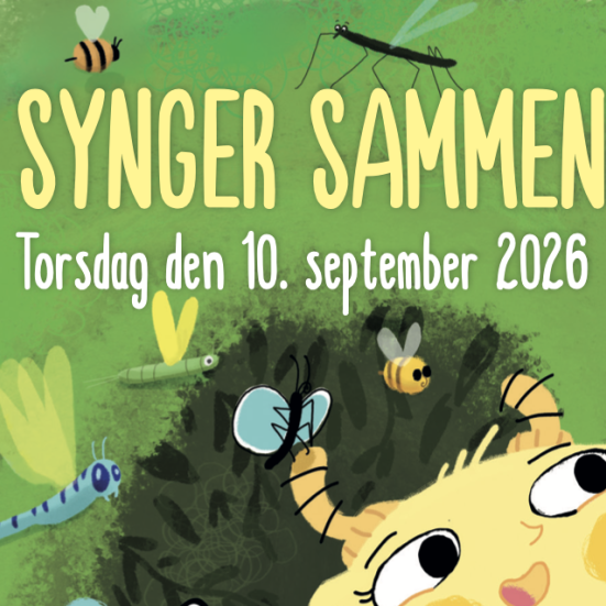Grafik med grøn baggrund, orme og insekter. Tekst: Små Synger Sammen Dag, Torsdag den 10. september 2026
