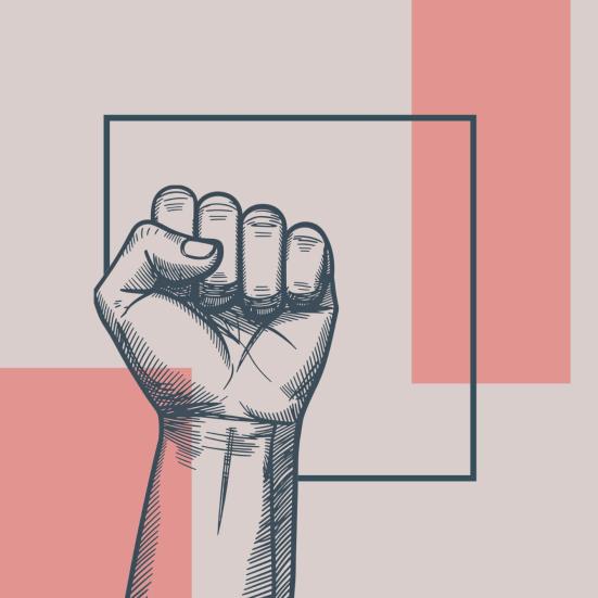 Illustration af en knyttet næve som symbol på protest på en minimalistisk baggrund.