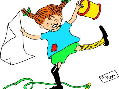 billede af Pippi med røde fletninger og en spilledåse i hånden.