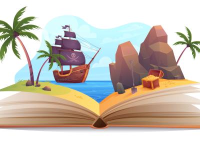 Grafik af en åbnet bog med et piratskib og en ø med skattekiste.