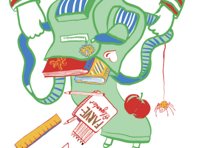 Tegning af hænder der hælder indholdet af en grøn skoletaske ud.