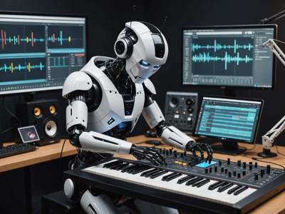 Hvid robot der spiller keyboard med skærme med musikprogrammer i baggrunden.