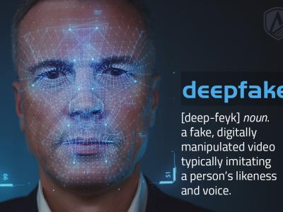 tekst på billede: deepfake, noun, a fake digitally manipulated video typically imitating a persons likeness and voice.