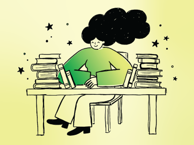 Grafisk tegning af pige siddende ved bord mellem to stabler af bøger. 
