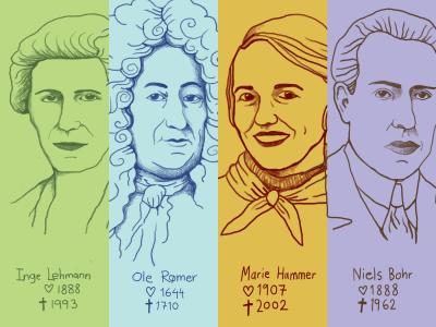 Tegning af videnskabsfolk Inge Lehmann, Ole Rømer, Marie Hammer, Niels Bohr.