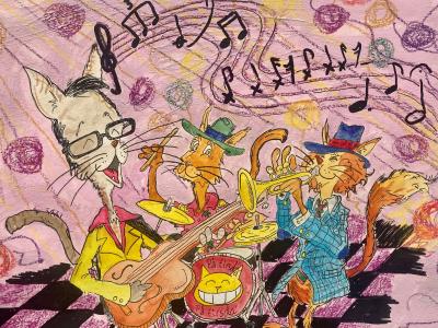 Tegning af et jazzband bestående af katte.