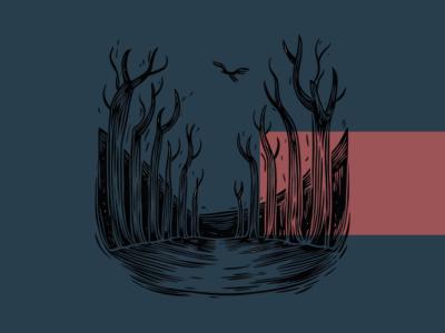 Grafisk billede af lund med døde træer.