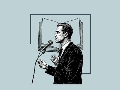 Grafisk stregtegning af "politiker" og en bog