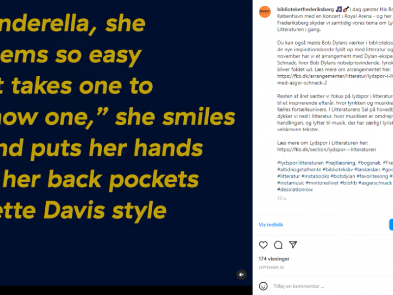 Billede fra Inatagram, der viser et Bob Dylan-citat son eksempel på formidling på sociale medier