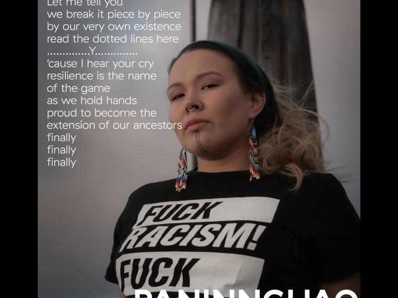 Panninguaq, en ung fra Grønland, med fortolkning af hans historie skrevet hen over hans billede.