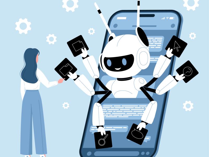 Grafik af person der taler med en robot i en smartphone