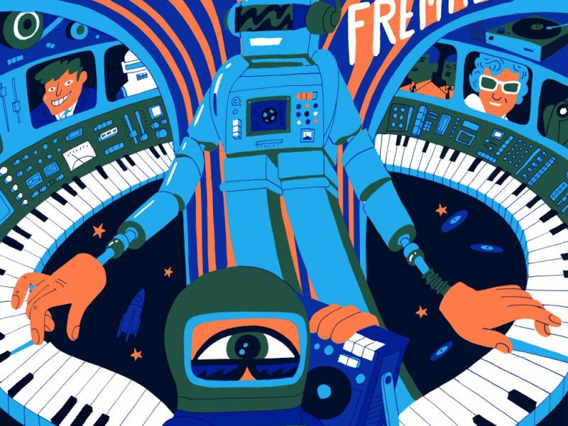 En blå robot spiller på synthesizere, en anden robot lytter til en radio..