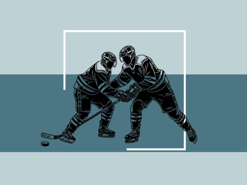 Grafik af to ishockeyspillere i kamp på isen.