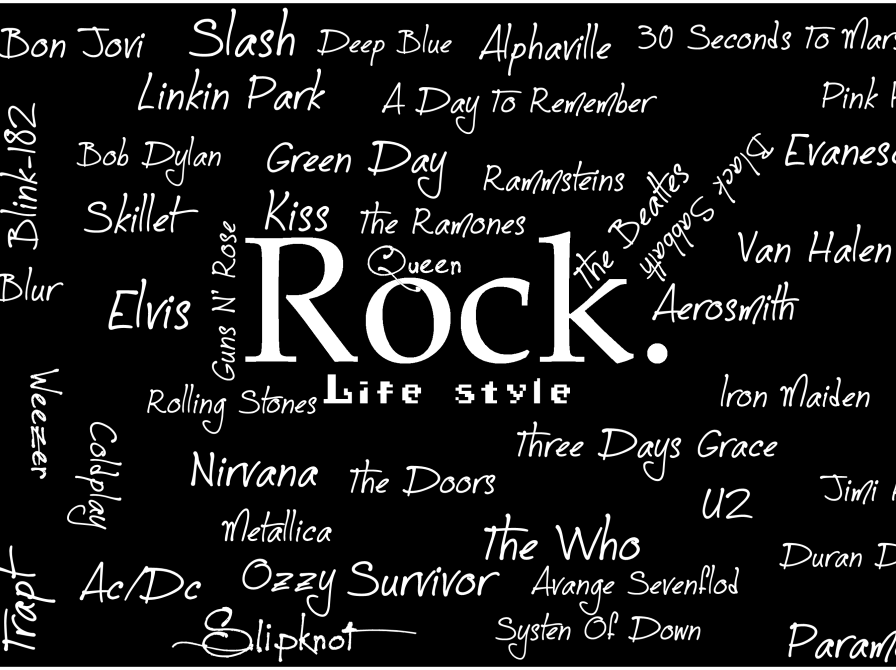 Billede af hvid tekst på sort baggrund: Rock Life Style. Baggrunden er dækket med forskellige rockbands navne. 