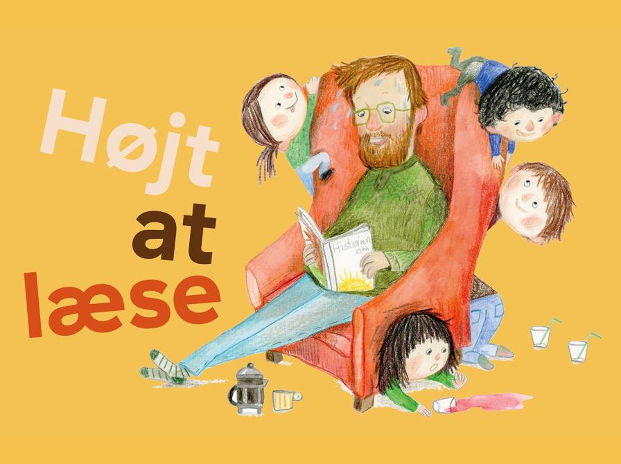 Artwork til Højt at læse med far der sidder i rød lænestol og læser højt for børn