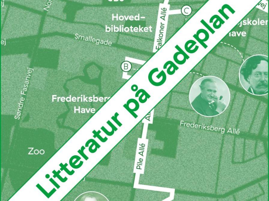 Grafik til podcasten 'Litteratur på gadeplan' - et kort over Frederiksberg i grønne nuancer med fremhævede gadenavne og steder.