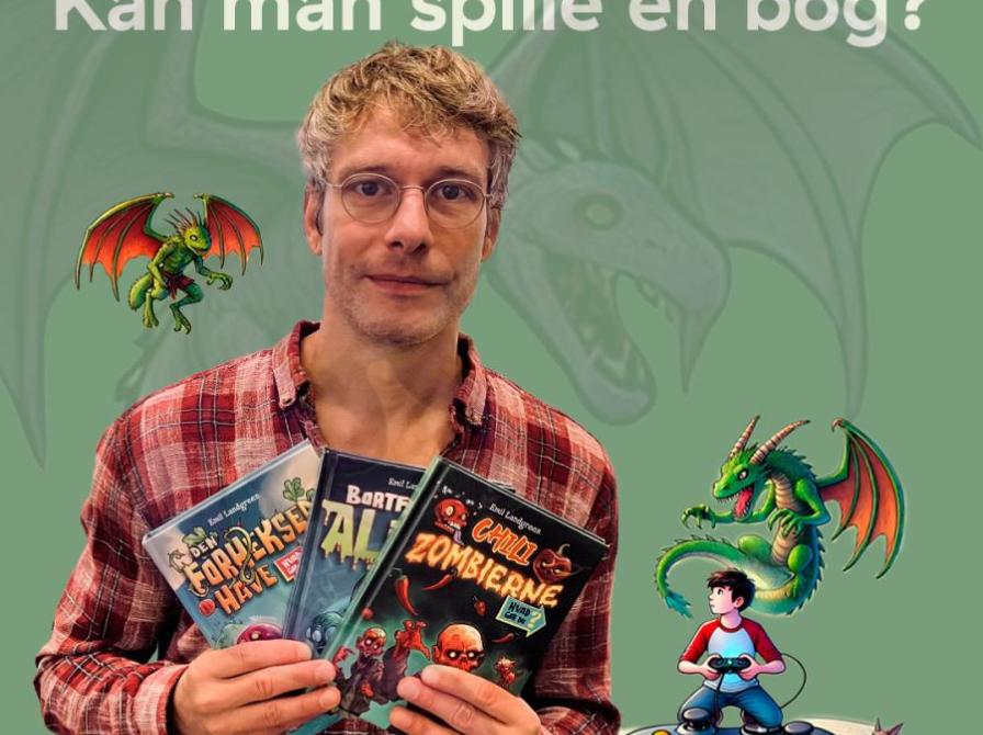 portræt af mand, der holder 3 bøger op og har figurer rundt om ham.