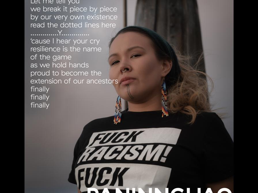 Panninguaq, en ung fra Grønland, med fortolkning af hans historie skrevet hen over hans billede.