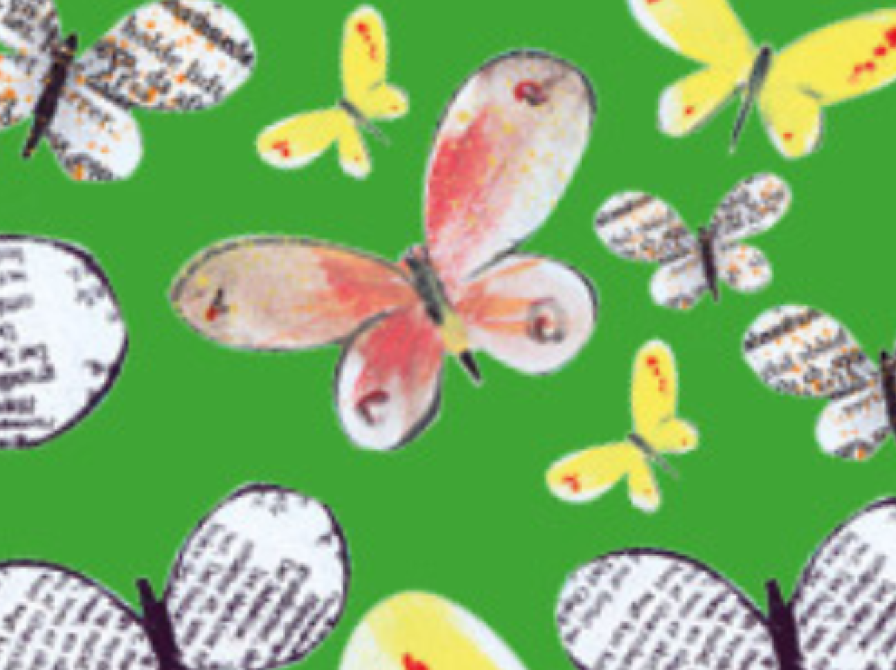 Sommerfugle klippet ud af bøger og med blomster på