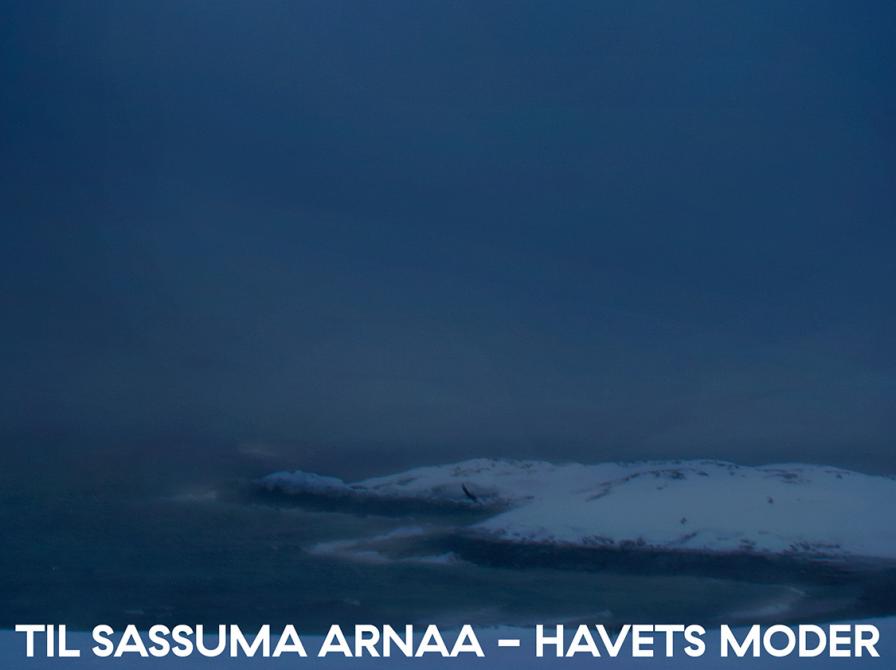 Artwork til myten 'Havets moder' med hvid skrift på blå baggrund.