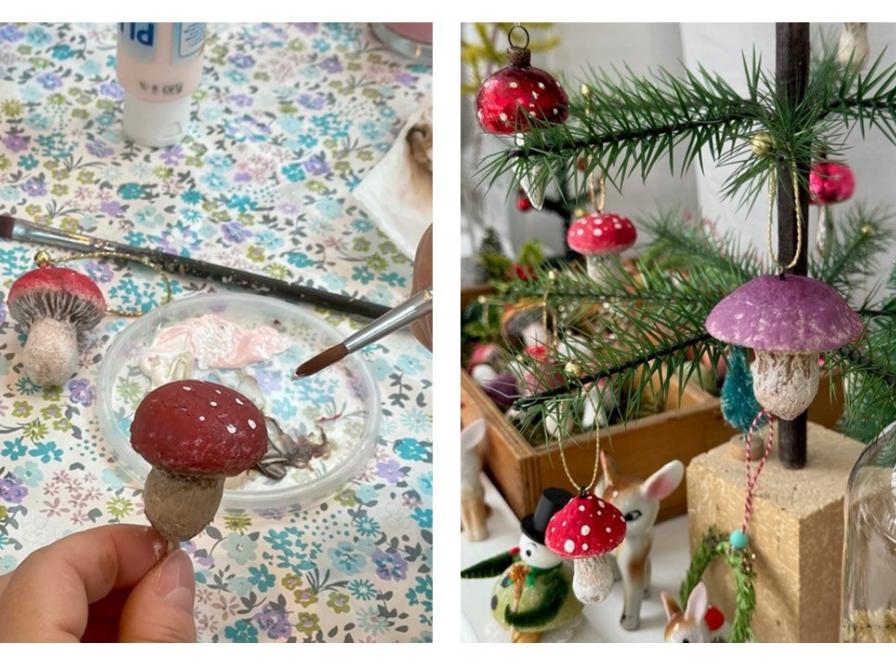 svamp males med pensel. svampe hænger på grangren