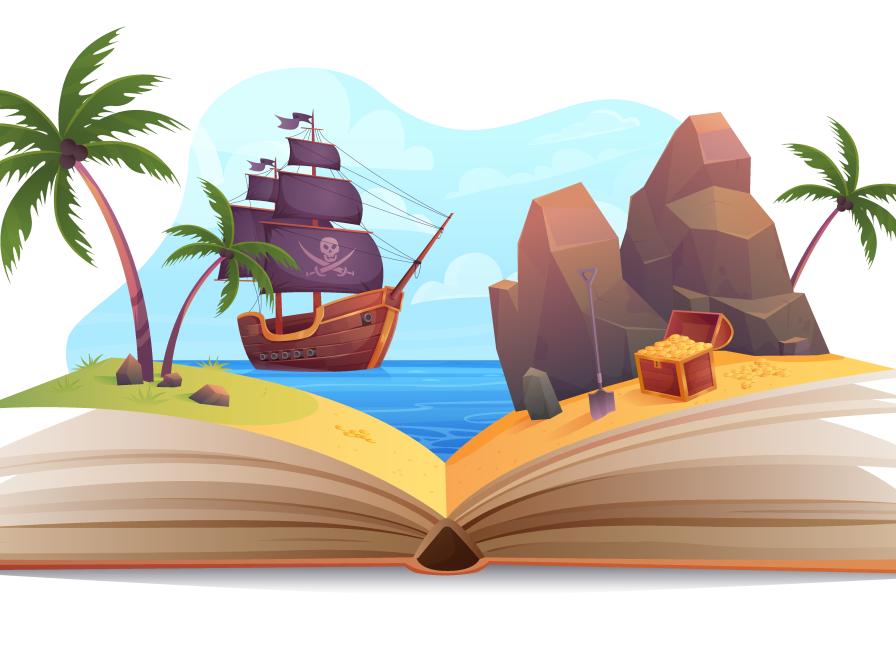 Grafik af en åbnet bog med et piratskib og en ø med skattekiste.