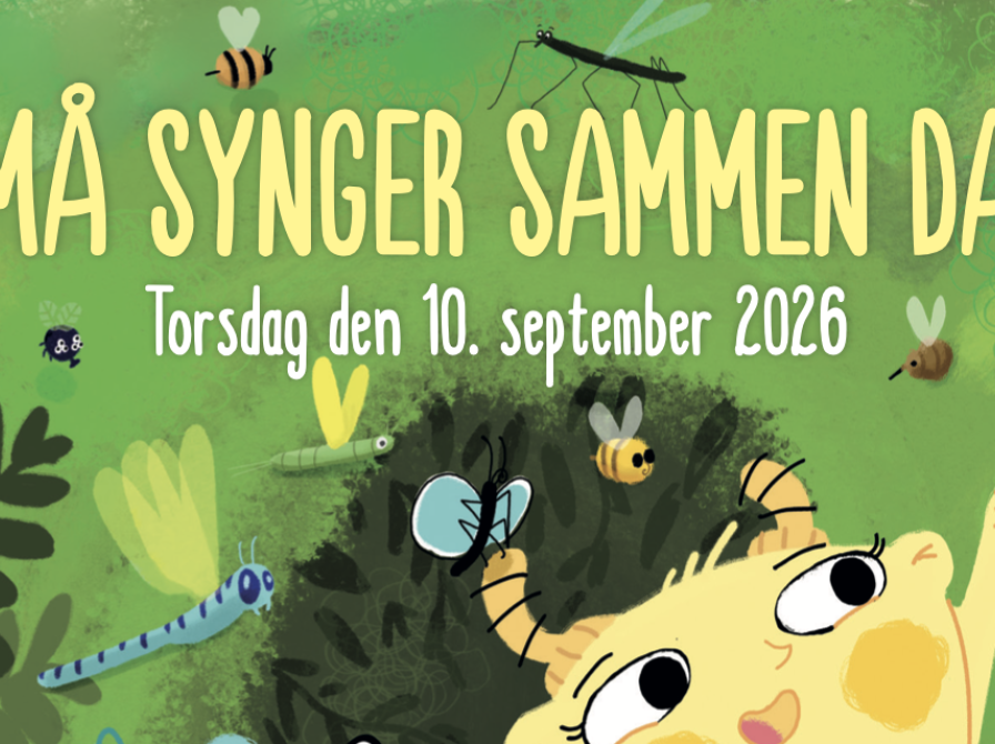 Grafik med grøn baggrund, orme og insekter. Tekst: Små Synger Sammen Dag, Torsdag den 10. september 2026