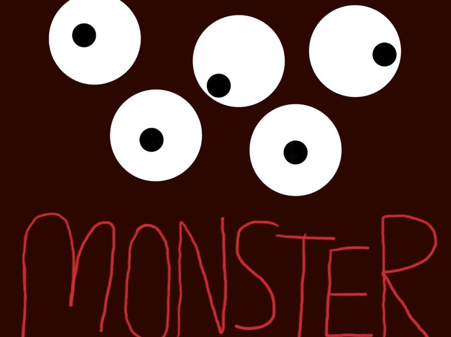 Tekst: "Monster" med røde bogstaver. Monsterøjne ovenover.