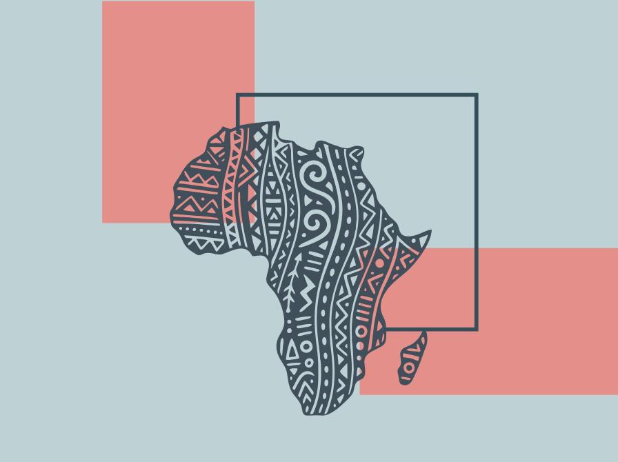 Stiliseret silhuet af Afrika med ornamentale mønstre på en lys baggrund.
