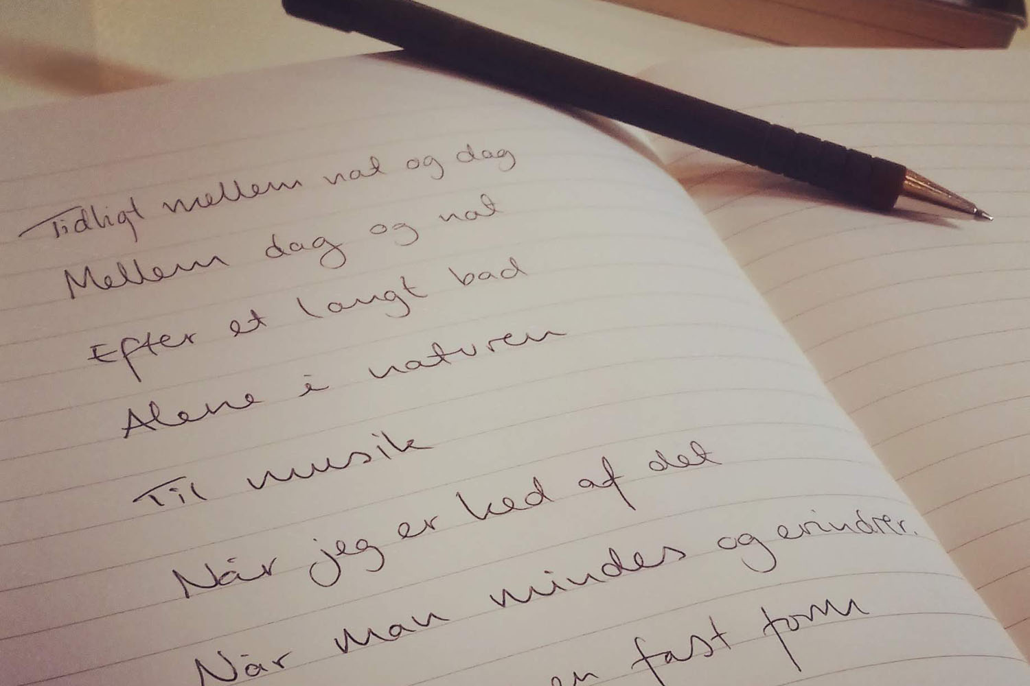 Åben notesbog med digtlignende tekst skrevet med kuglepen